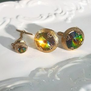 Vintage Watermelon Rivoli Cufflink and Tie Tac Set